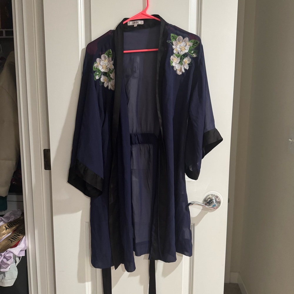 Jmk Navy Robe With Floral Design